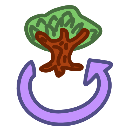 an old tree with a purple arrow pointing to it. The arrow travels below the tree in a semi circle starting in one side of the trunk, ending to point at the other